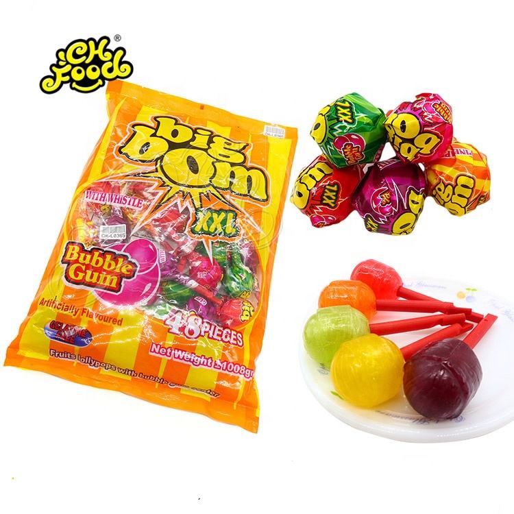 Big Bom Fruit Flavour Whistle Lollipop Candy With Bubble Gum